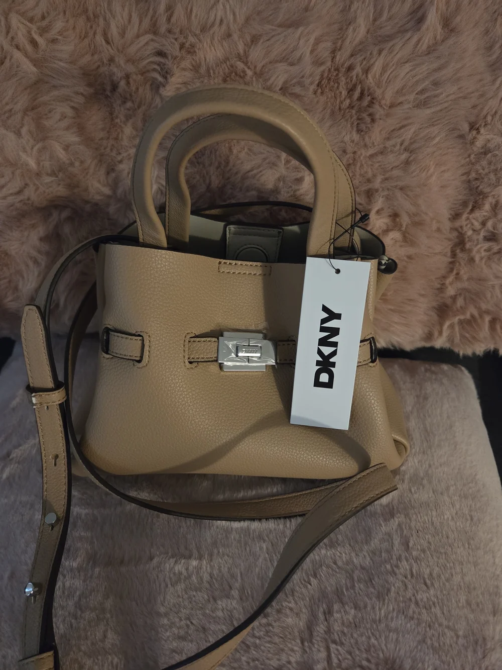 DKNY Pebbled Satchel in Beige-Tan with Silver Hardware